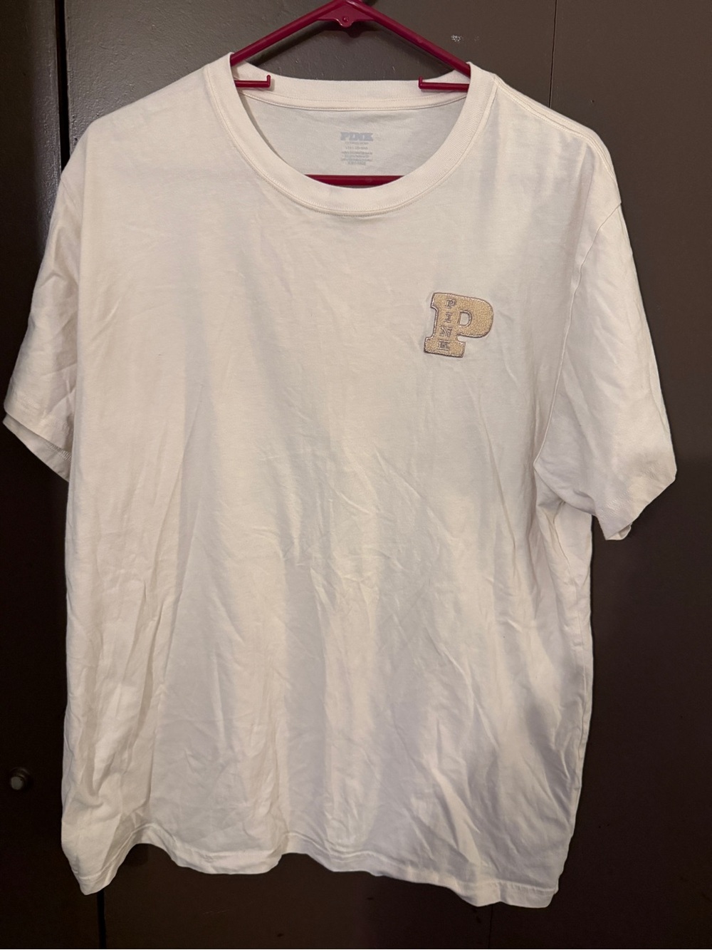 PINK Victoria's Secret White Short Sleeve Tee with Beige 'P' Patch